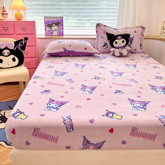 91家纺网 家纺一手货源 找家纺 暮思家居 2024新款三丽鸥正版授权高克重加厚保暖牛奶绒床笠三件套 绒A版-甜心库洛米