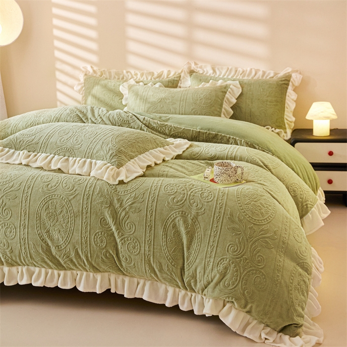 91家纺网 家纺一手货源 找家纺 2024新保暖-秋冬A类韩版婴肤绒提花四件套-玛丽夫人系列 玛丽夫人-橄榄绿