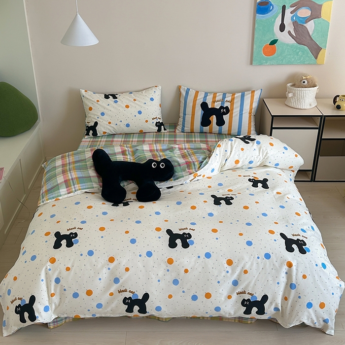 91家纺网 家纺一手货源 找家纺 2024新款40支13372全棉数码大版趣味系列四件套 波点黑猫