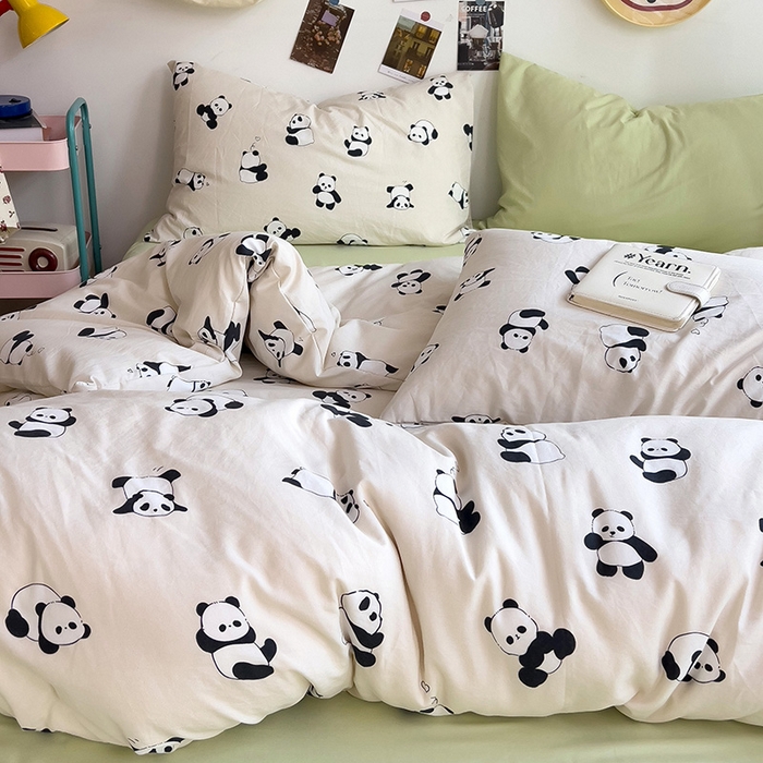 91家纺网 家纺一手货源 找家纺 星巴k家纺 2024新款A类超柔水洗棉印花四件套 熊猫团子