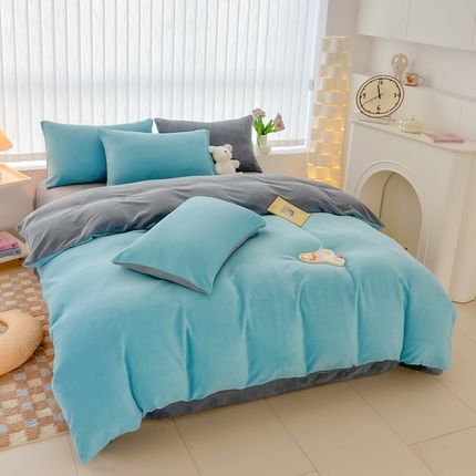 言熙居 2024新款纯色双拼30克8一9斤牛奶绒四件套 靛蓝拼浅灰