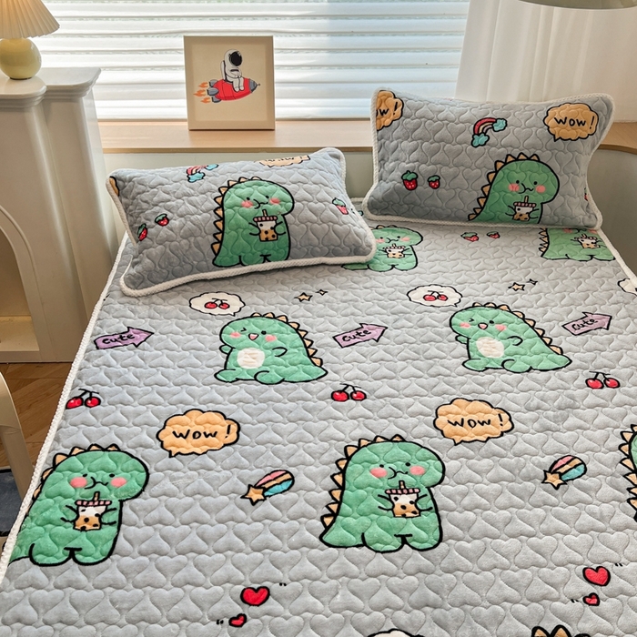 91家纺网 家纺一手货源 找家纺 孩子王 2024新款印花牛奶绒薄款床垫加厚绒保暖床护垫床笠 床笠款-萌萌恐龙