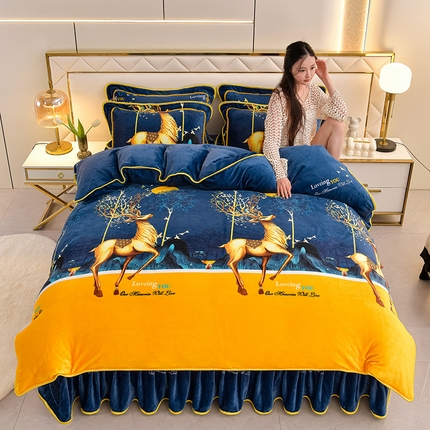 91家纺网 家纺一手货源 找家纺 绒品荟家纺 2025新款牛奶绒四件套 金鹿鸣福