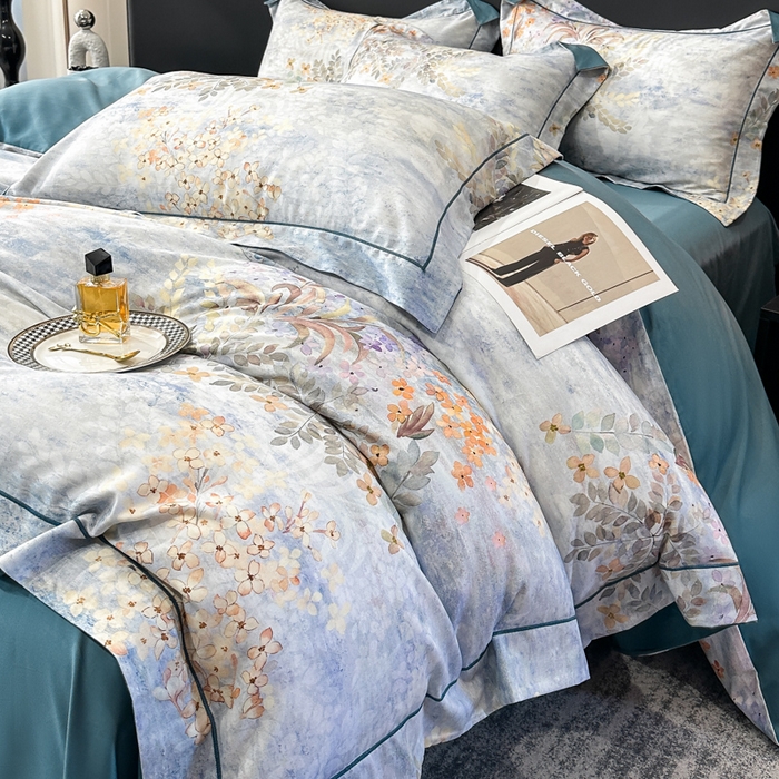 91家纺网 家纺一手货源 找家纺 舒慕 2025新款阳绒天丝棉磨毛数码印花缇芙绒四件套 微风知晓