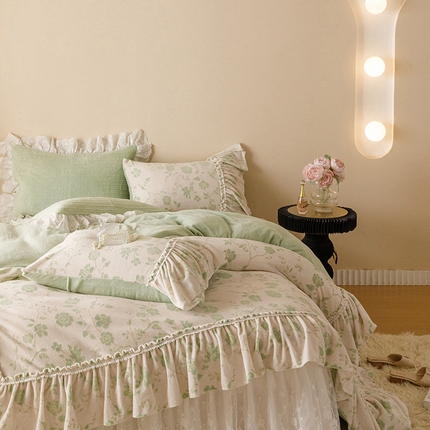 胜权家纺 2024秋冬新款5D雕花着色牛奶绒法式奶油风夹棉床裙四件套 新绿