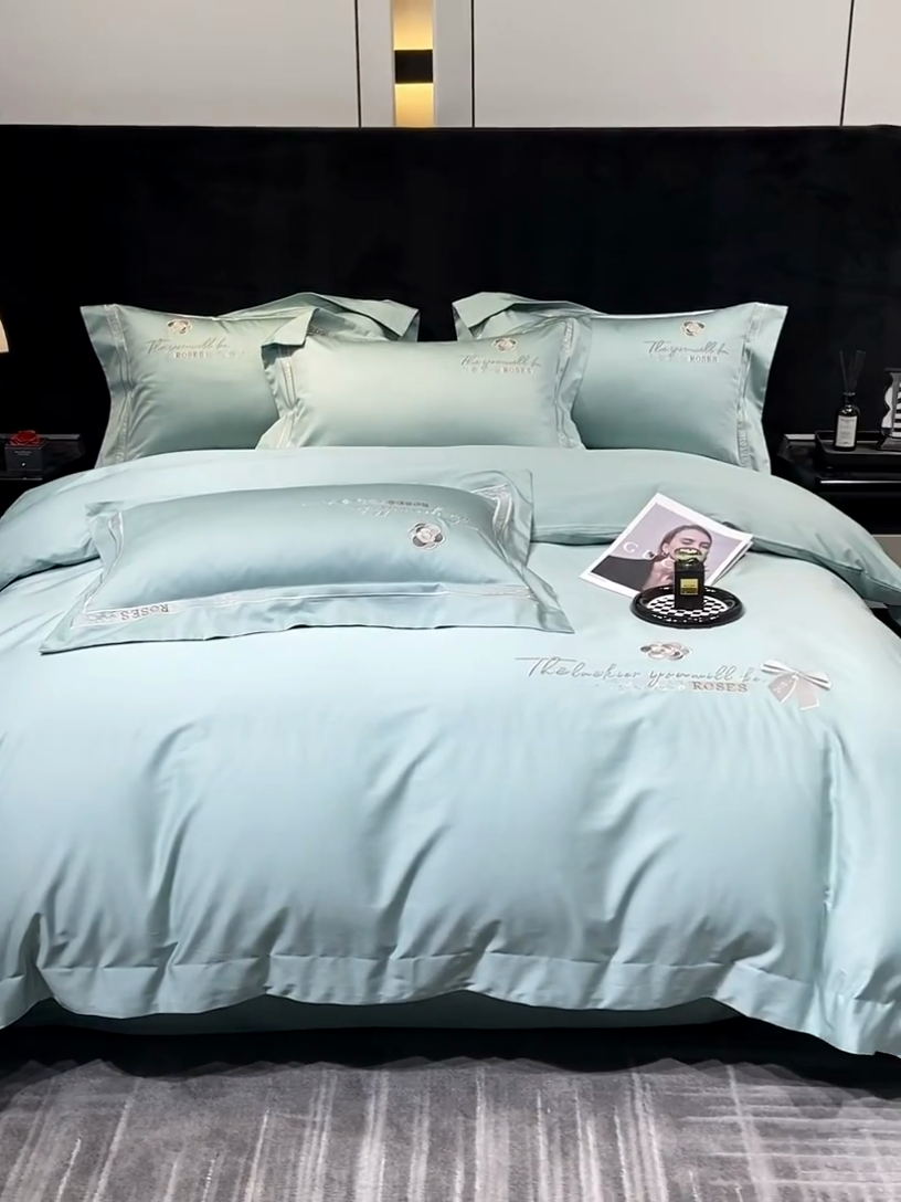 91家纺网 家纺一手货源 找家纺 绒博士 2024新款160支长绒棉四件套-巴黎之约 夏至绿