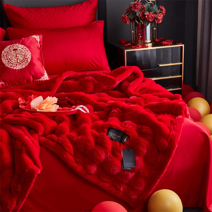 91家纺网 家纺一手货源 找家纺 2025新款仿皮草摩登艺术毛毯毯子子家用毛毛毯毯子四季盖毛毯毯子 艺术大红