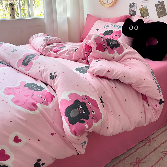 91家纺网 家纺一手货源 找家纺 星巴k家纺 2024新款A类超柔水洗棉印花四件套 小猫超人