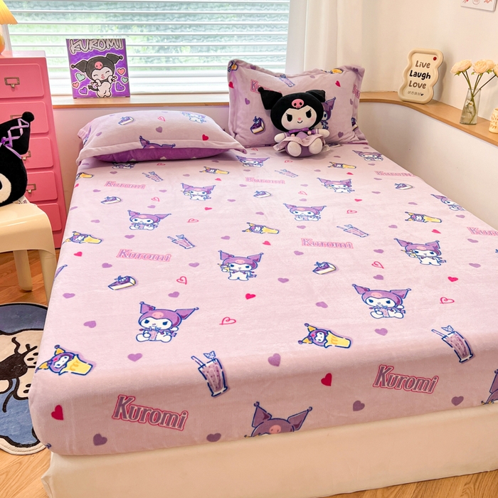 91家纺网 家纺一手货源 找家纺 暮思家居 2024新款三丽鸥正版授权高克重加厚保暖牛奶绒床笠三件套 绒A版-甜心库洛米