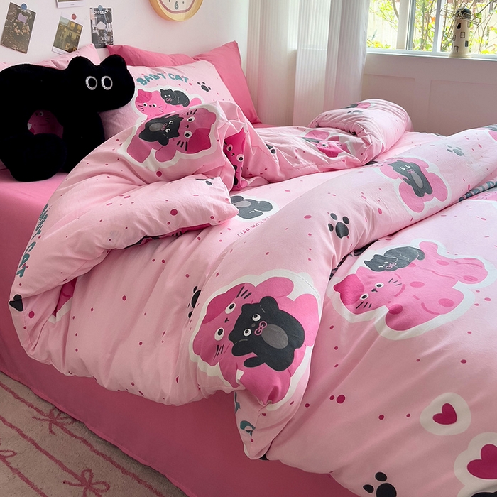 91家纺网 家纺一手货源 找家纺 星巴k家纺 2024新款A类超柔水洗棉印花四件套 小猫超人