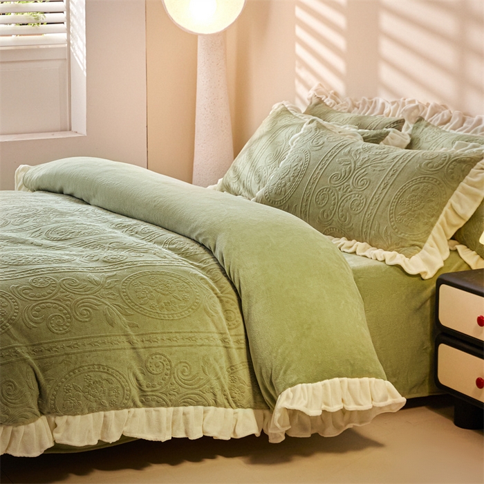 91家纺网 家纺一手货源 找家纺 2024新保暖-秋冬A类韩版婴肤绒提花四件套-玛丽夫人系列 玛丽夫人-橄榄绿