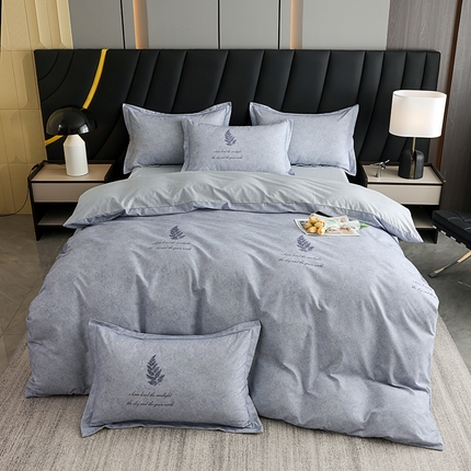 2024新款全棉加厚长绒棉数码印花四件套 风叶-蓝