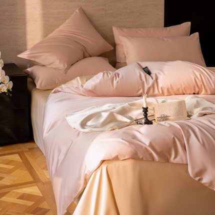 云栖家居 2024A类全棉纯色拼色四件套 香草粉-奶霜