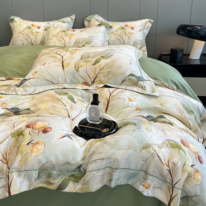 91家纺网 家纺一手货源 找家纺 舒慕 2025新款阳绒天丝棉磨毛数码印花缇芙绒四件套 盛夏果实