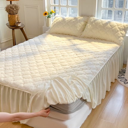 禧缘家纺（原梦想家） 2024新款兔兔绒夹棉床裙式床笠 兔兔绒奶白