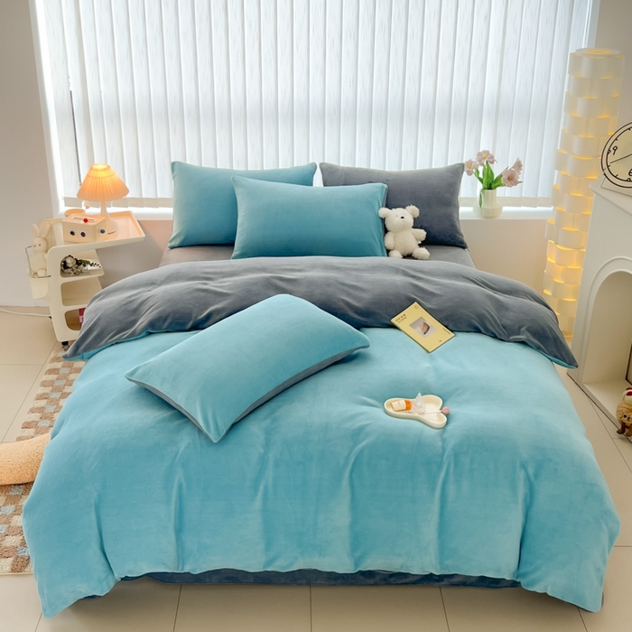 91家纺网 家纺一手货源 找家纺 言熙居 2024新款纯色双拼30克8一9斤牛奶绒四件套 靛蓝拼浅灰