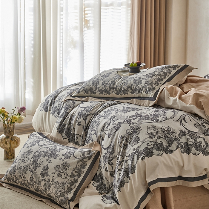 91家纺网 家纺一手货源 找家纺 2024新款全棉磨毛数码印花系列四件套 稚茶-灰