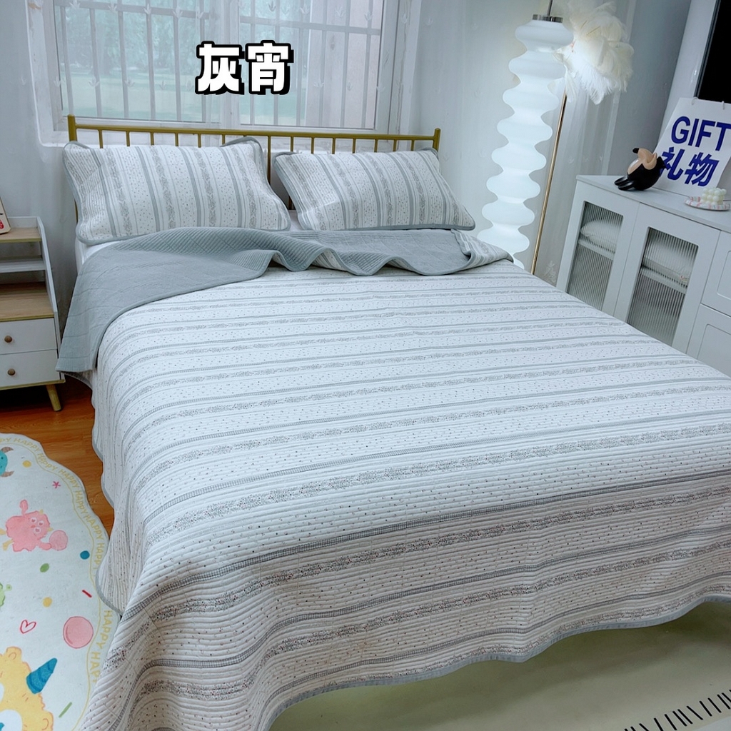 91家纺网 家纺一手货源 找家纺 2024新款棉加绒双面两用四季款床盖三件套 灰宵