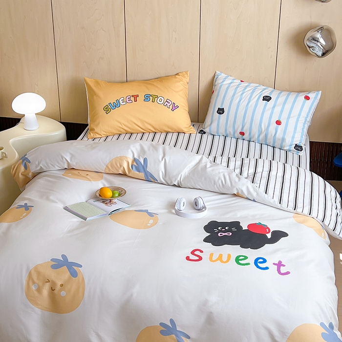 91家纺网 家纺一手货源 找家纺 2024新款40S设计师款全棉大版趣味印花系列四件套 小番茄