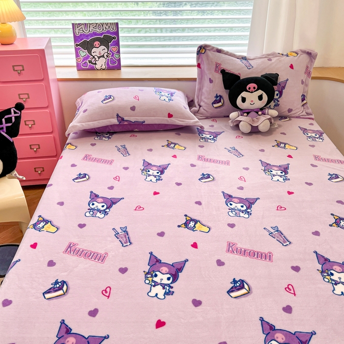 91家纺网 家纺一手货源 找家纺 暮思家居 2024新款三丽鸥正版授权高克重加厚保暖牛奶绒床笠三件套 绒A版-甜心库洛米