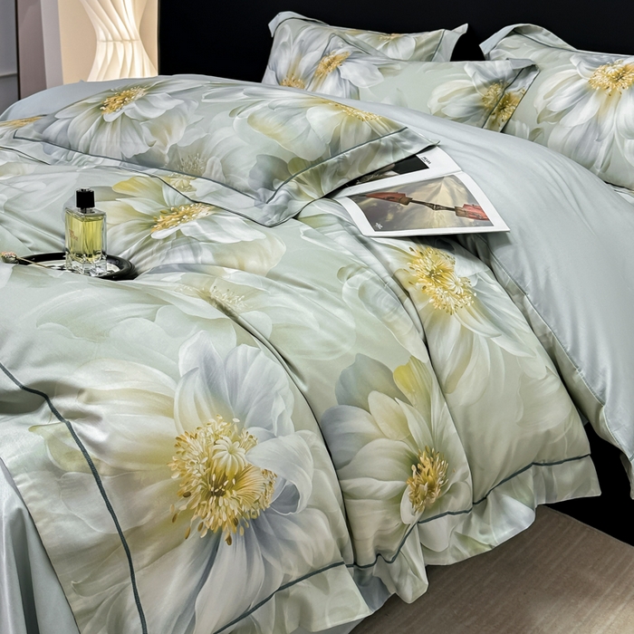 91家纺网 家纺一手货源 找家纺 舒慕 2025新款阳绒天丝棉磨毛数码印花缇芙绒四件套 一梦幽兰