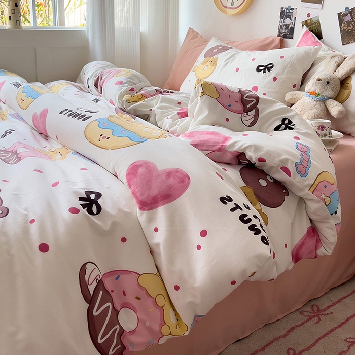 91家纺网 家纺一手货源 找家纺 星巴k家纺 2024新款A类超柔水洗棉印花四件套 微笑甜甜圈