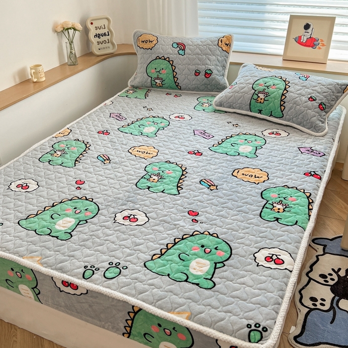 91家纺网 家纺一手货源 找家纺 孩子王 2024新款印花牛奶绒薄款床垫加厚绒保暖床护垫床笠 床笠款-萌萌恐龙