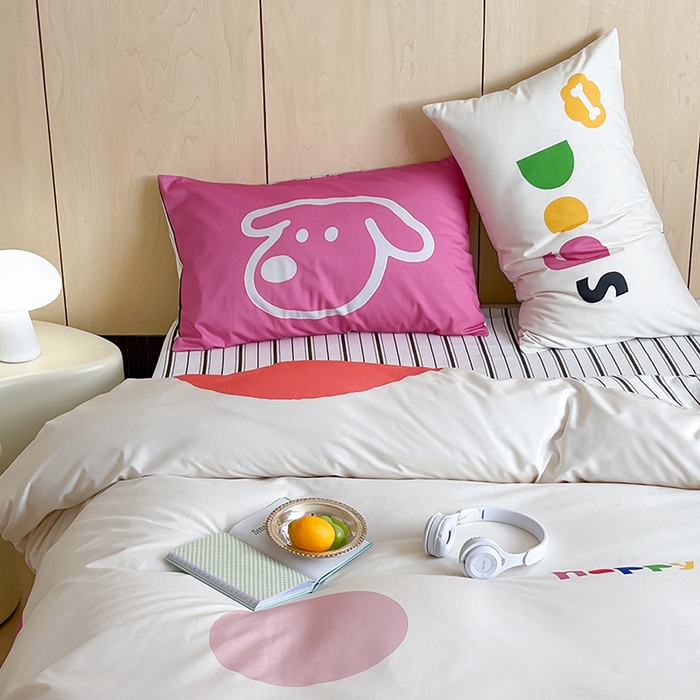 91家纺网 家纺一手货源 找家纺 2024新款40S设计师款全棉大版趣味印花系列四件套 滑板小狗