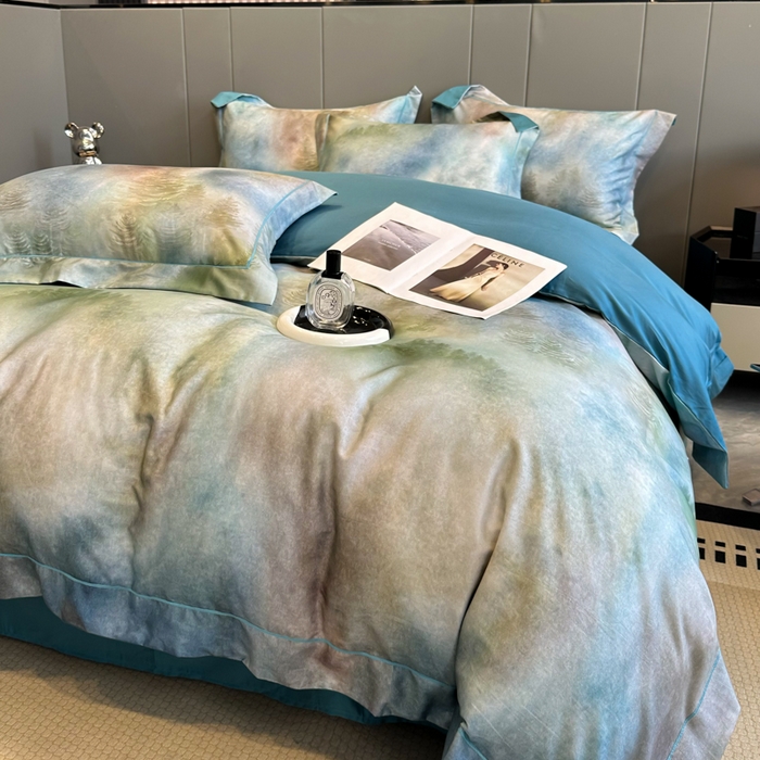 91家纺网 家纺一手货源 找家纺 舒慕 2025新款阳绒天丝棉磨毛数码印花缇芙绒四件套 迷雾