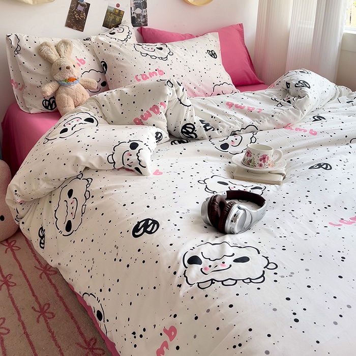 91家纺网 家纺一手货源 找家纺 星巴k家纺 2024新款A类超柔水洗棉印花四件套 小羊咩咩