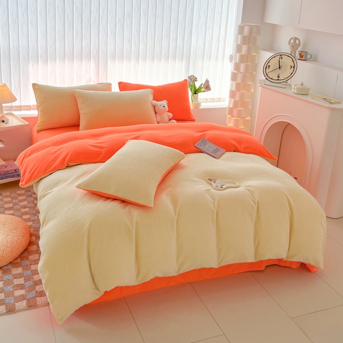 91家纺网 家纺一手货源 找家纺 言熙居 2024新款纯色双拼30克8一9斤牛奶绒四件套 奶黄拼艳橙