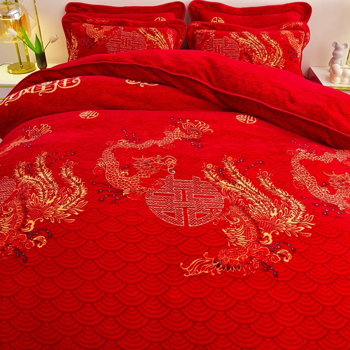 91家纺网 家纺一手货源 找家纺 绒品荟家纺 2025新款牛奶绒四件套 龙凤呈祥