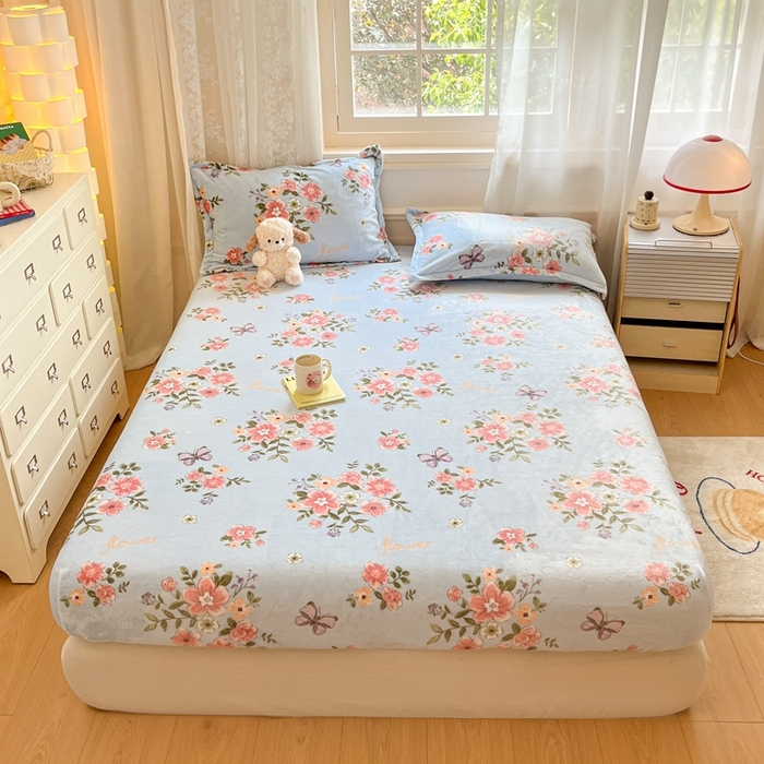 91家纺网 家纺一手货源 找家纺 川悦生活 2024新款加厚牛奶绒印花单床笠 床笠椿来花暖