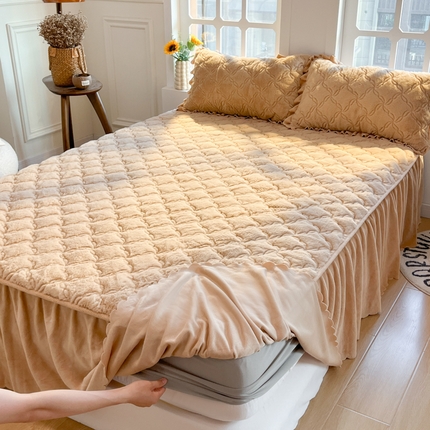 禧缘家纺（原梦想家） 2024新款兔兔绒夹棉床裙式床笠 兔兔绒卡其