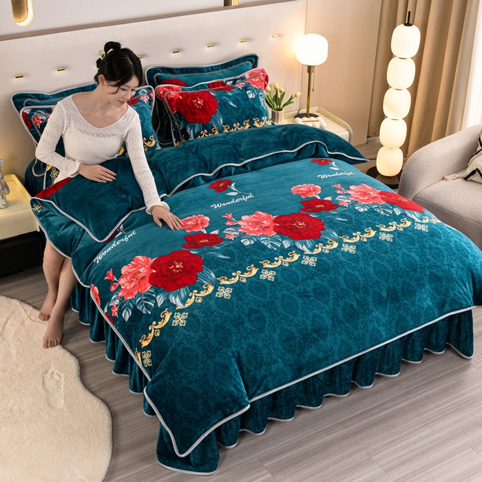 91家纺网 家纺一手货源 找家纺 晚静家纺 2024新款8.5斤牛奶绒金貂法莱绒床裙款保暖绒四件套 富贵花开