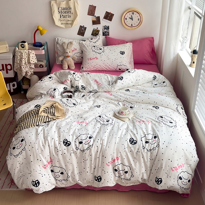 91家纺网 家纺一手货源 找家纺 星巴k家纺 2024新款A类超柔水洗棉印花四件套 小羊咩咩