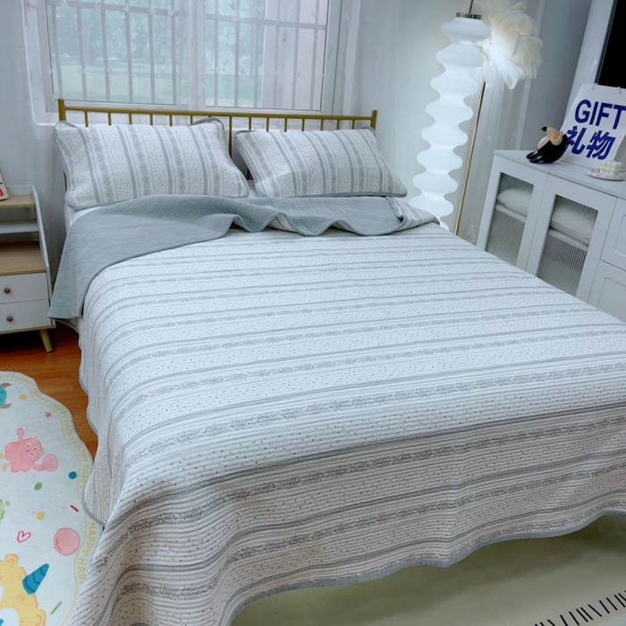 91家纺网 家纺一手货源 找家纺 2024新款棉加绒双面两用四季款床盖三件套 灰宵