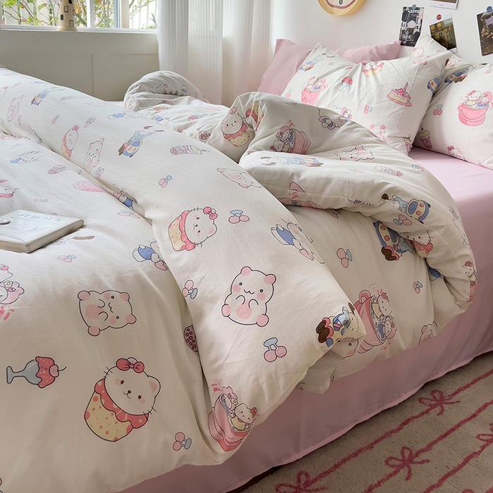 91家纺网 家纺一手货源 找家纺 星巴k家纺 2024新款A类超柔水洗棉印花四件套 奶猫