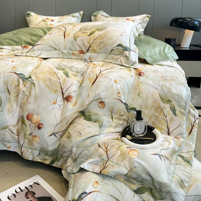 91家纺网 家纺一手货源 找家纺 舒慕 2025新款阳绒天丝棉磨毛数码印花缇芙绒四件套 盛夏果实