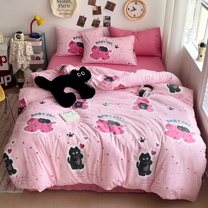 91家纺网 家纺一手货源 找家纺 星巴k家纺 2024新款A类超柔水洗棉印花四件套 小猫超人