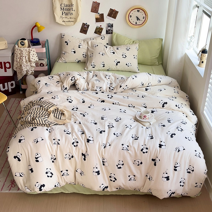 91家纺网 家纺一手货源 找家纺 星巴k家纺 2024新款A类超柔水洗棉印花四件套 熊猫团子