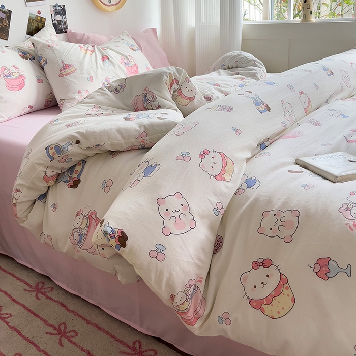 91家纺网 家纺一手货源 找家纺 星巴k家纺 2024新款A类超柔水洗棉印花四件套 奶猫