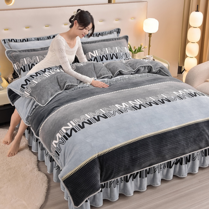 91家纺网 家纺一手货源 找家纺 晚静家纺 2024新款8.5斤牛奶绒金貂法莱绒床裙款保暖绒四件套 迷你MINI