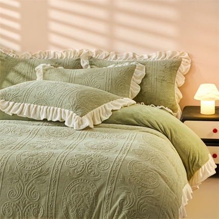 91家纺网 家纺一手货源 找家纺 2024新保暖-秋冬A类韩版婴肤绒提花四件套-玛丽夫人系列 玛丽夫人-橄榄绿