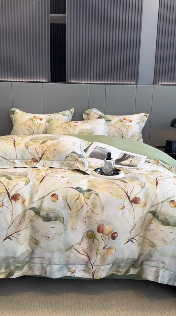 91家纺网 家纺一手货源 找家纺 舒慕 2025新款阳绒天丝棉磨毛数码印花缇芙绒四件套 盛夏果实