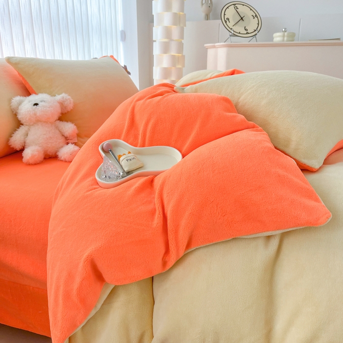 91家纺网 家纺一手货源 找家纺 言熙居 2024新款纯色双拼30克8一9斤牛奶绒四件套 奶黄拼艳橙