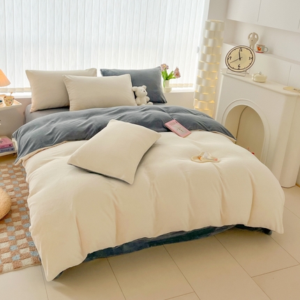 言熙居 2024新款纯色双拼30克8一9斤牛奶绒四件套 奶白拼浅灰