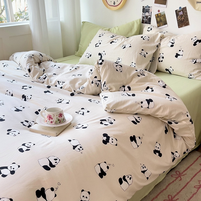 91家纺网 家纺一手货源 找家纺 星巴k家纺 2024新款A类超柔水洗棉印花四件套 熊猫团子