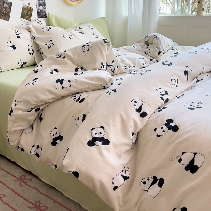 91家纺网 家纺一手货源 找家纺 星巴k家纺 2024新款A类超柔水洗棉印花四件套 熊猫团子