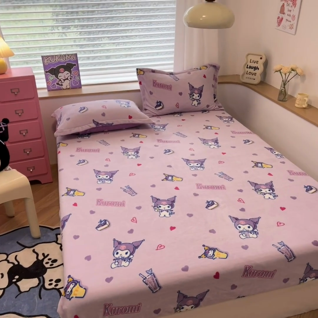 91家纺网 家纺一手货源 找家纺 暮思家居 2024新款三丽鸥正版授权高克重加厚保暖牛奶绒床笠三件套 绒A版-甜心库洛米